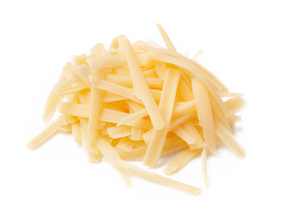 Grated cheese isolated on white background. Slices cheese.