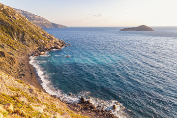 Fototapeta na wymiar A view of the sea coast, from Myrties village in Kalymnos island, Greece