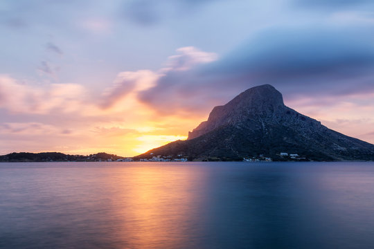 Sunset view of the Telendos island, from Myrties village in Kalymnos island, Greece.