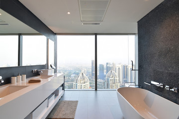 Stylish and Modern Kitchen of a High Rise Apartment in Dubai Overlooking Cityscape