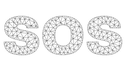 Mesh vector SOS text. Abstract lines and points are organized into SOS black carcass symbols. Linear frame 2D polygonal mesh in vector format.