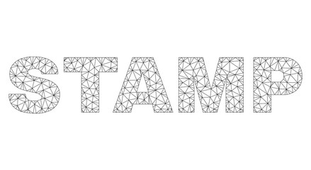 Mesh vector STAMP text. Abstract lines and spheric points are organized into STAMP black carcass symbols. Linear carcass 2D polygonal mesh in vector format.