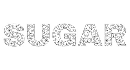 Mesh vector SUGAR text. Abstract lines and spheric points are organized into SUGAR black carcass symbols. Wire carcass flat polygonal mesh in vector format.