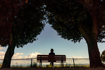 Landscape view of Tuscany from bench during sunset, Siena, Italy