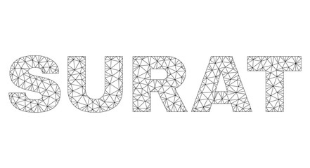 Mesh vector SURAT text caption. Abstract lines and small circles form SURAT black carcass symbols. Wire carcass 2D triangular mesh in vector format.