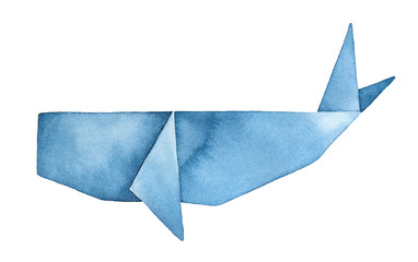 Blue Whale Origami watercolour illustration. Symbol of dreams, fantasy, traveling. Handdrawn water color graphic drawing on white, cutout clipart element for creative design, poster, card, invitation. - obrazy, fototapety, plakaty