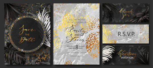 Luxury wedding invitation cards with marble golden texture and tropical plants.Vector illustration.Vector trendy background. Modern set of abstract card, template,posters.
