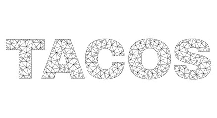 Mesh vector TACOS text caption. Abstract lines and small circles form TACOS black carcass symbols. Wire carcass 2D triangular mesh in eps vector format.