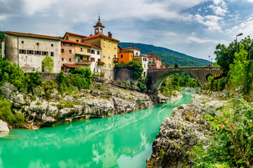 Beautiful ancient mediterranean town and emerald river.