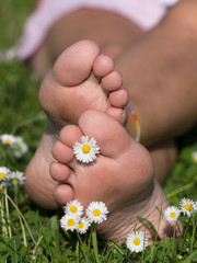  A lady has her feet crossed showing souls of her feet amongst daisies with a single daisy between her toes in summer sun in a relaxed manner.Portrait view.tony skerl.