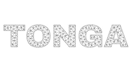 Mesh vector TONGA text label. Abstract lines and circle dots are organized into TONGA black carcass symbols. Linear carcass 2D triangular mesh in vector EPS format.
