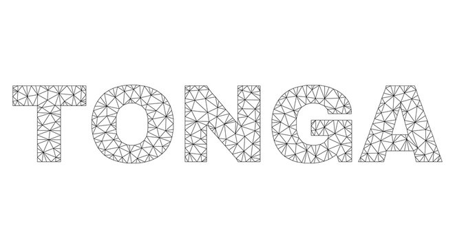Mesh vector TONGA text label. Abstract lines and circle dots are organized into TONGA black carcass symbols. Linear carcass 2D triangular mesh in vector EPS format.