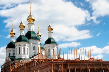 Sarov, Russia - May 20, 2019. Fragments of new church building process. Russian Christian architecture.