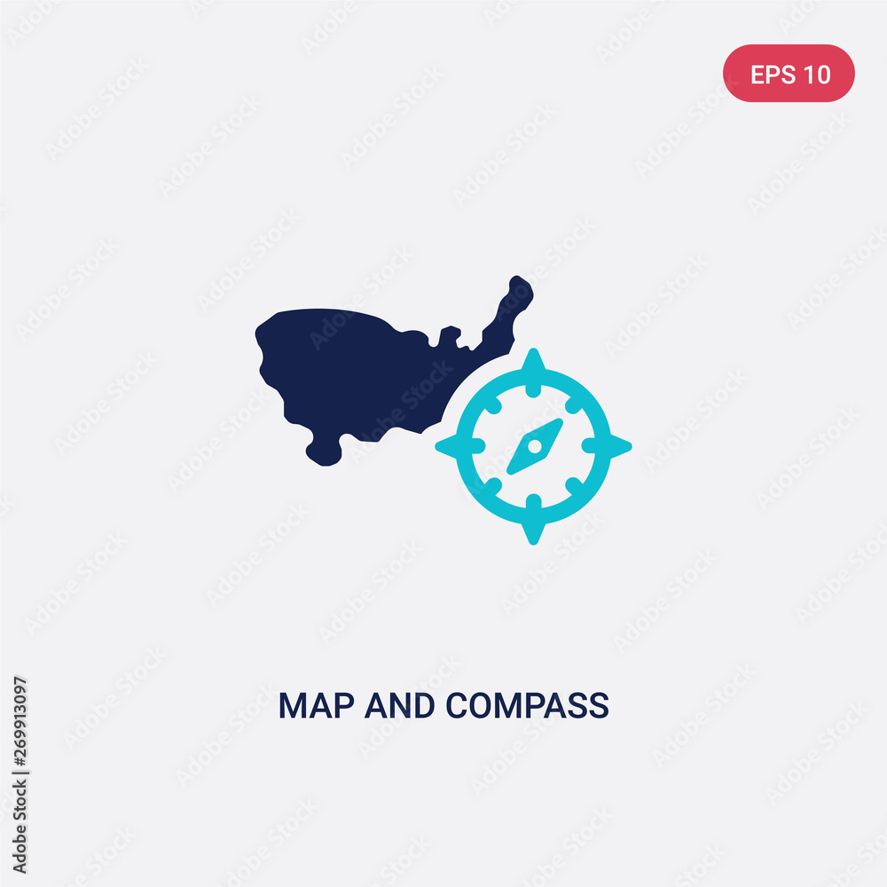 Poster two color map and compass vector icon from army concept. isolated blue map and compass vector sign s