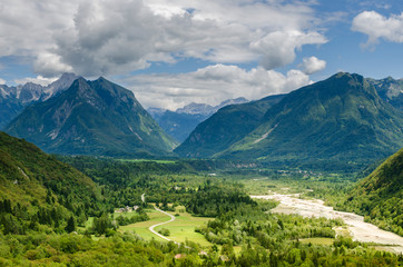 Beautiful landscape with high Julian Alps and green valleys near Kobarid