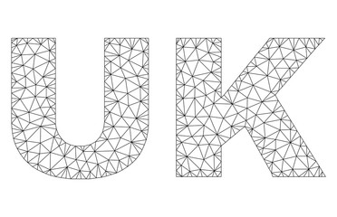 Mesh vector UK text. Abstract lines and dots are organized into UK black carcass symbols. Wire carcass flat polygonal mesh in vector format.