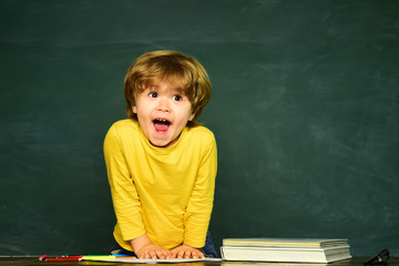 Kid is learning in class on background of blackboard. Happy school kids. Talented child. School and...