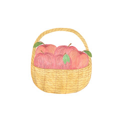 Wicker basket, hand drawn watercolor illustration, isolated object on the white background, simple pattern for any design