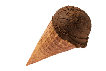 brown ice cream in waffle cone isolated on white background