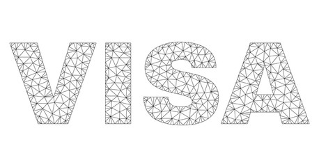 Mesh vector VISA text. Abstract lines and small circles are organized into VISA black carcass symbols. Linear carcass 2D triangular mesh in vector format.