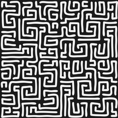 Vector seamless pattern with hand drawn labyrinth on black background.