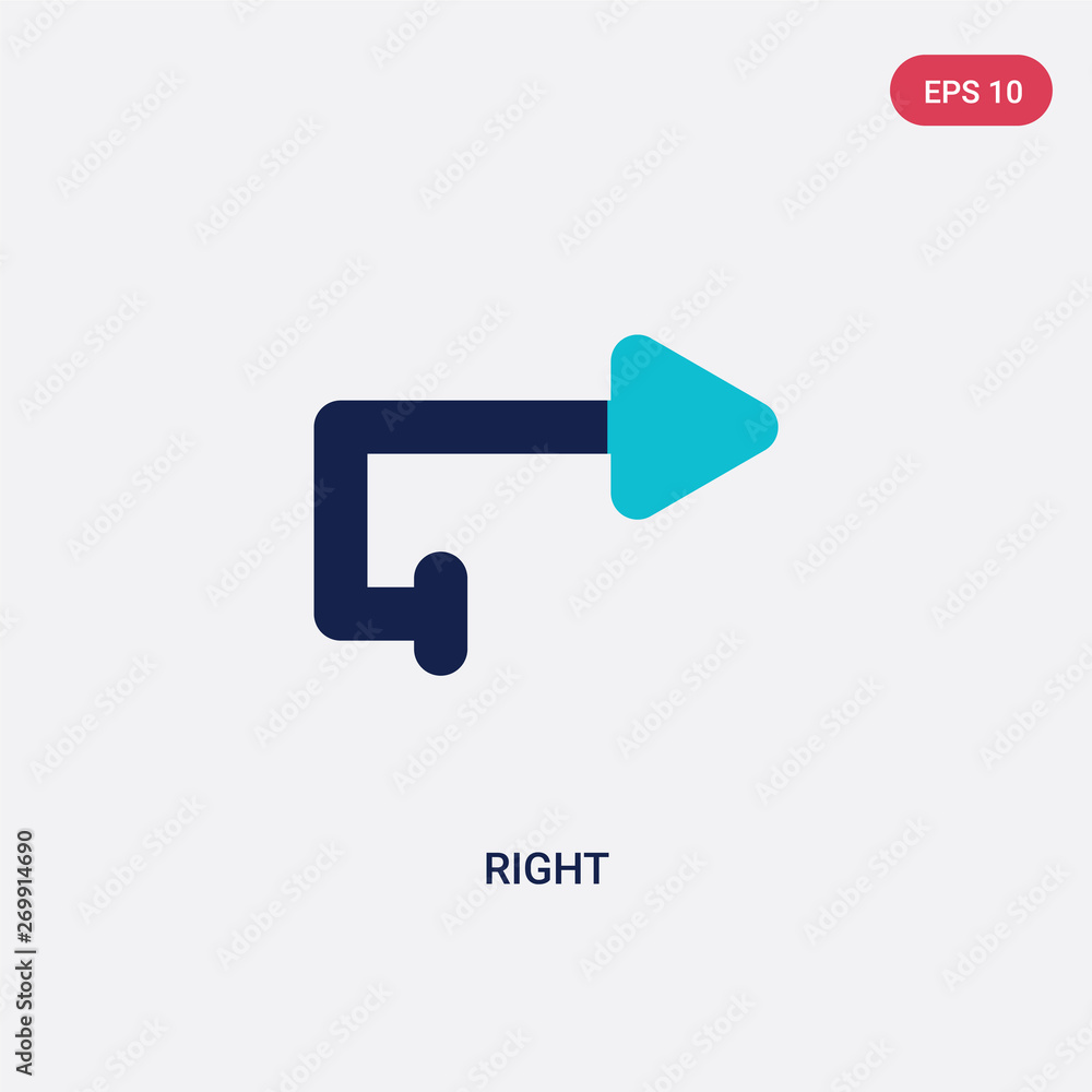 Poster two color right vector icon from arrows 2 concept. isolated blue right vector sign symbol can be use