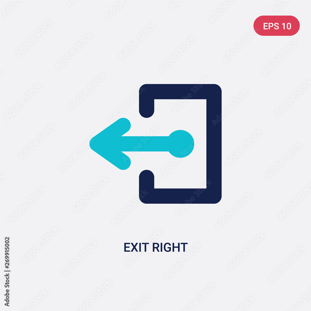 Poster two color exit right vector icon from arrows concept. isolated blue exit right vector sign symbol ca