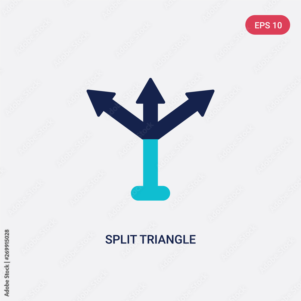 Poster two color split triangle vector icon from arrows concept. isolated blue split triangle vector sign s