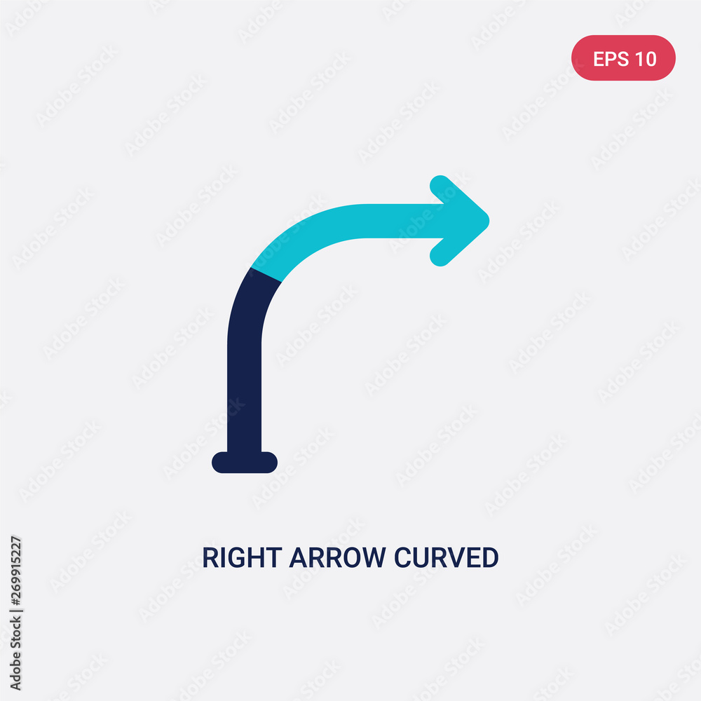 Poster two color right arrow curved vector icon from arrows concept. isolated blue right arrow curved vecto