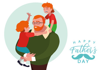 happy father day card with dad and children