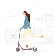 Young girl with long hair is riding electric scooter. Concept of healthy lifestyle, Ecology transport. Woman silhouette is engaged in leisure, entertainment, vehicle. Flat cartoon vector illustration