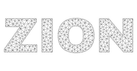Mesh vector ZION text caption. Abstract lines and spheric points are organized into ZION black carcass symbols. Linear carcass flat polygonal mesh in vector format.