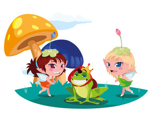 Obraz na płótnie Canvas beautiful magic fairies with toad prince in the garden