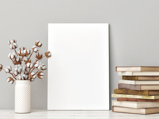 White poster with cotton and books, 3d illustration