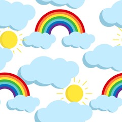 Vector cute seamless pattern with rainbows, clouds and sun on white background. Funny endless background with cartoon flat weather icons for cover, Kids design, children print, decoration.