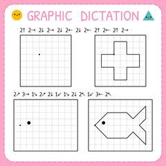 Graphic dictation. Kindergarten educational game for kids. Preschool worksheets for practicing motor skills. Working pages for children