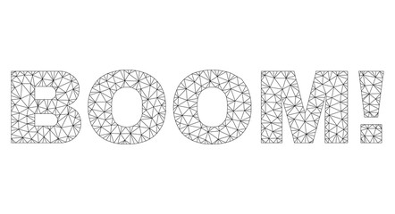 Mesh vector BOOM! text. Abstract lines and dots form BOOM! black carcass symbols. Wire carcass 2D polygonal mesh in eps vector format.