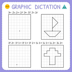 Graphic dictation. Kindergarten educational game for kids. Working pages for children. Preschool worksheets for practicing motor skills
