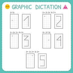 Graphic dictation. Numbers 1-5. Kindergarten educational game for kids. Preschool worksheet for practicing motor skills. Working pages for children