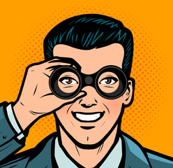 Businessman looking through binoculars. Business retro style pop art. Vector illustration