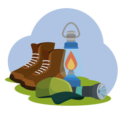 boots with lamp and cap to nature camping