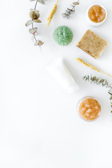 Natural herbal cosmetics with wheat on white background top view space for text