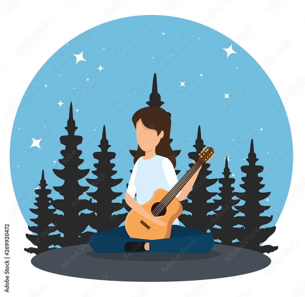 Wall mural woman play guitar in the nature landscape