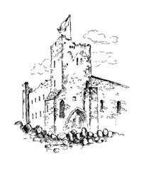 Hand drawn medieval castle, sketchy illustration. Rakvere castle, Estonia.