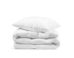 Stack of beddings on the white background, white pillow on the duvet isolated, bedding objects isolated against white background, bedding items catalog illustration, bedding mockup