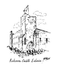 Hand drawn medieval castle, sketchy illustration. Rakvere castle, Estonia.