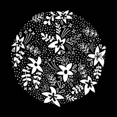 Floral typography poster with white cirlce flowers on black in flat style. Vector illustration for 8 March Woman's Day, Mother's Day, greeting cards, wedding invitations. Border background, template