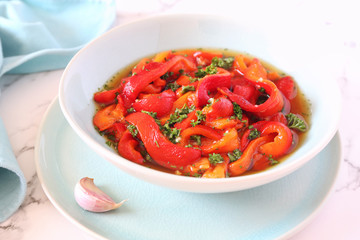 Escalivada. Vegetable salad: roasted bell pepper, parsley and garlic