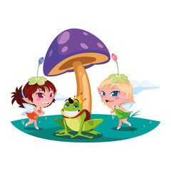 beautiful magic fairies with toad prince in the garden