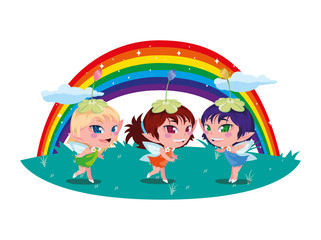 Obraz na płótnie Canvas beautiful magic fairies with rainbow scene